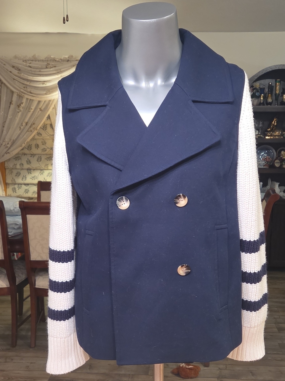 Talbots Women's Navy Double-Breasted Peacoat with Cream Knit Striped Sleeves